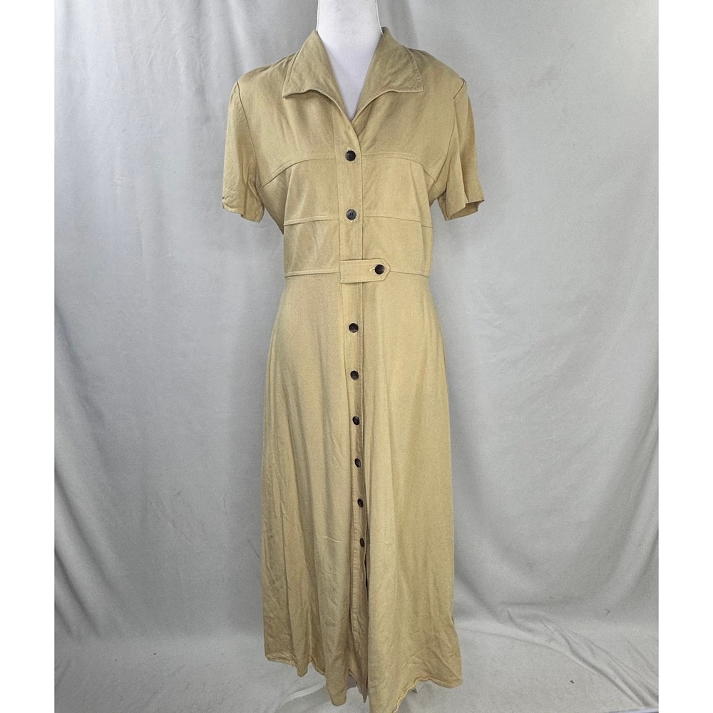 Vintage Julian Taylor 10 Midi Sheath Dress Tan Linen Blend Button Front Modest